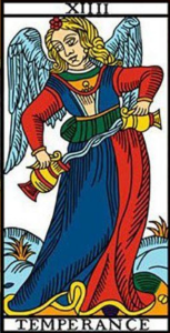 Carte de tarot la Tempérance symbolisant l'union et l'harmonie entre deux forces a priori contradictoires, la “voie du milieu” prônée par le Bouddha.